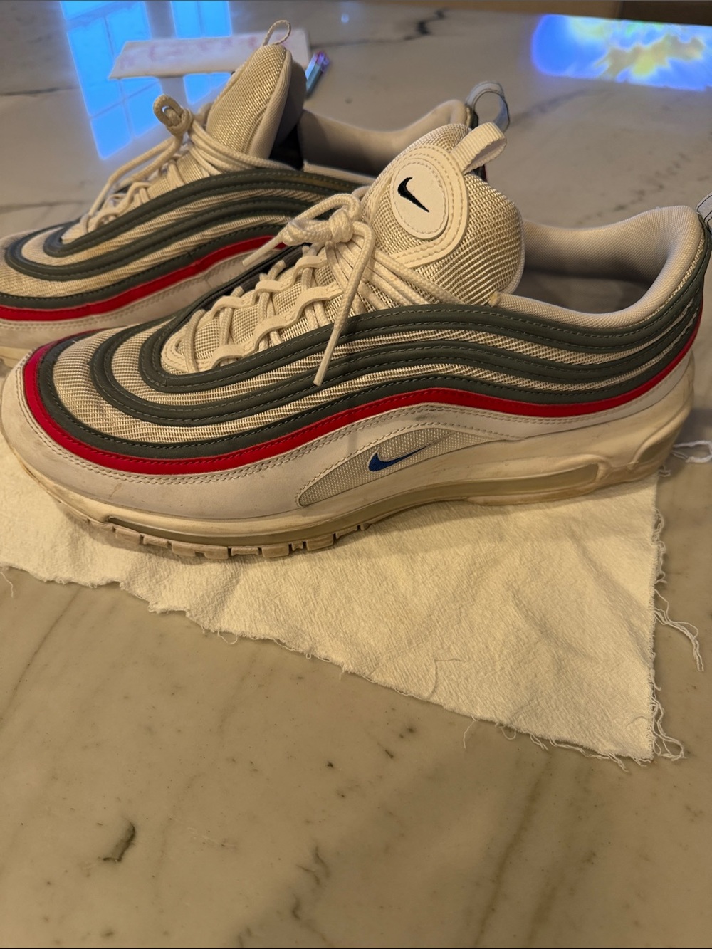 Nike Men’s Air Max 97 Sneakers - White with Gray & Red Stripes